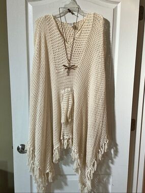 FP Cream Open-Knit Fringe Hooded Poncho Lightweight Sweater or Cover up.